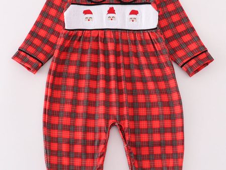 Red christmas santa embroidery smocked plaid boy bishop romper For Discount