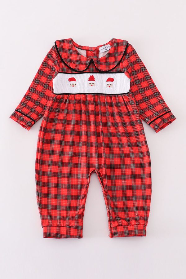 Red christmas santa embroidery smocked plaid boy bishop romper For Discount