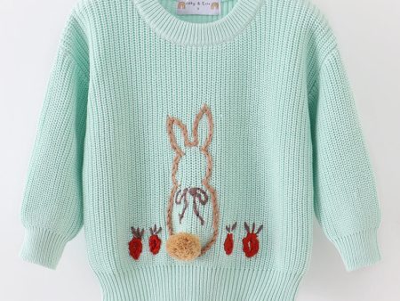 Blue hand-embroidery bunny pullover sweater For Discount