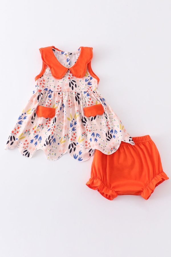 Orange floral print baby bloomers set Cheap