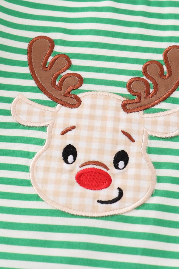 Green stripe christmas deer applique boy romper Sale