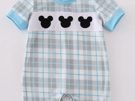 Blue plaid character embroidery boy romper Online