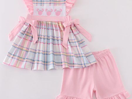 Pink plaid character embroidery girl set Online Hot Sale