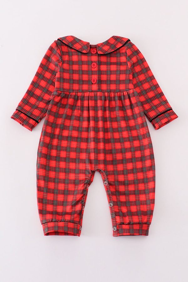 Red christmas santa embroidery smocked plaid boy bishop romper For Discount