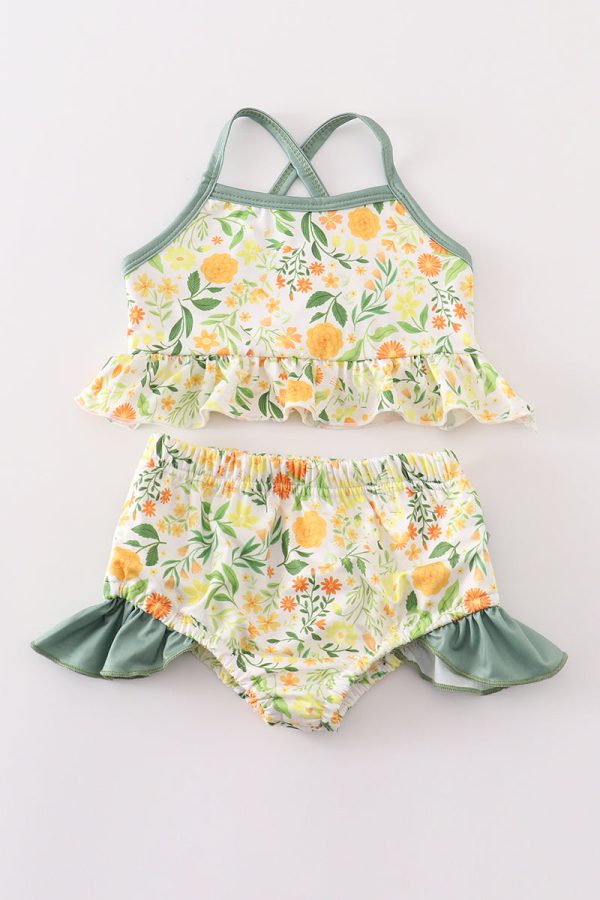 Yellow floral 2pc girl swimsuit Fashion