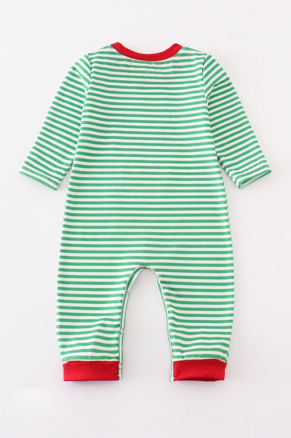 Green stripe christmas deer applique boy romper Sale