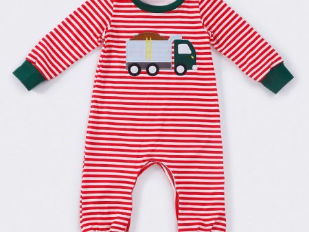 Red stripe truck applique boy romper For Cheap