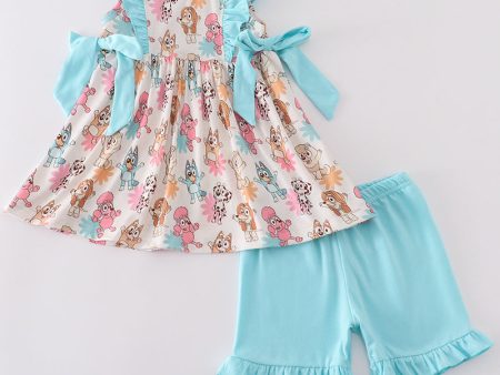 Blue character print ruffle girl set Fashion