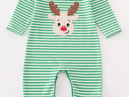 Green stripe christmas deer applique boy romper Sale