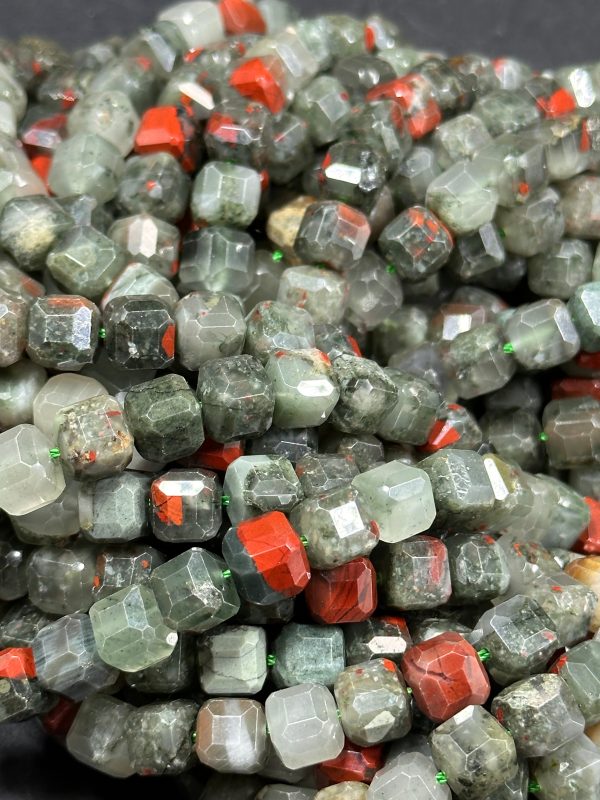 AA NATURAL African Bloodstone Gemstone Bead Faceted 8mm Cube Shape, Beautiful Gray Red Color Bloodstone Beads. Full Strand 15.5  Sale