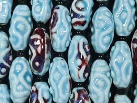 Beautiful Hand Painted Porcelain Beads, 35x17mm Unique Hand Painted Porcelain Barrel Shape Beads, Gorgeous Blue Red Color Porcelain Bead 9  For Cheap