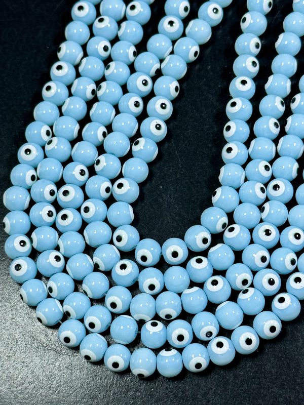 Beautiful Light Blue Evil Eye Glass Beads 6mm 8mm Round Beads, Beautiful Light Blue Evil Eye Amulet Glass Beads, Full Strand Glass Beads Online now