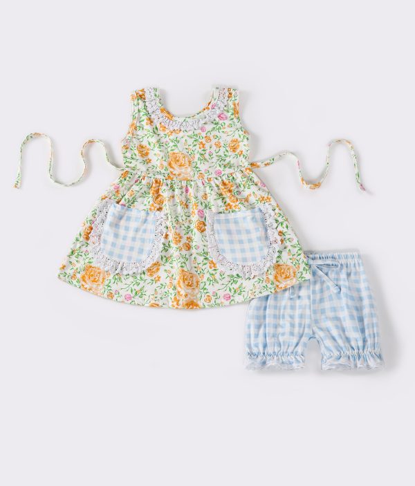 Yellow floral plaid girl shorts set Online