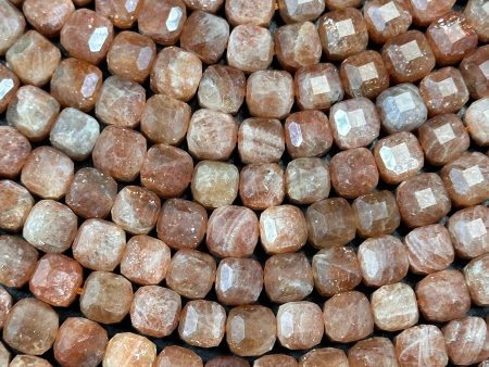 NATURAL Fire Sunstone Gemstone Bead Faceted 8mm Cube Shape, Gorgeous Peach Orange Color Loose Fire Sunstone Beads. 15.5  Full strand Discount