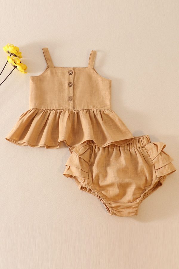 Beige linen ruffle 2pc baby set For Discount