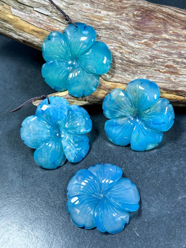 NATURAL Hand Carved Blue Cherry Blossom Flower Agate Gemstone Pendant 54mm Flower Shape, Gorgeous Blue Color Cherry Blossom Loose Pendant Online now