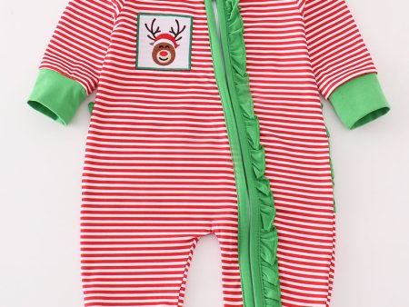 Red stripe christmas reindeer embroidery girl romper on Sale