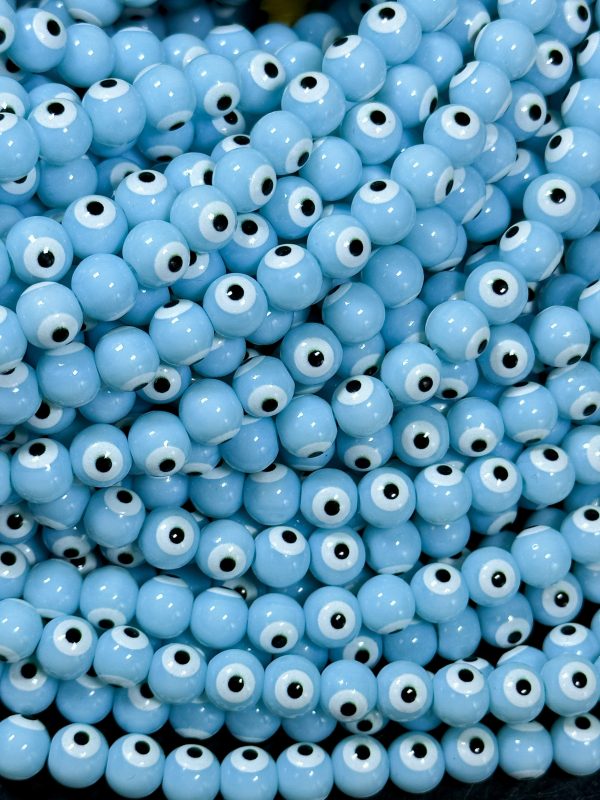 Beautiful Light Blue Evil Eye Glass Beads 6mm 8mm Round Beads, Beautiful Light Blue Evil Eye Amulet Glass Beads, Full Strand Glass Beads Online now