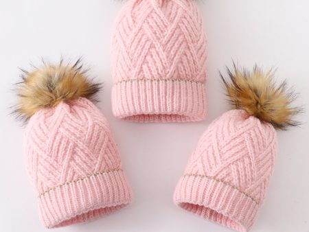 Pink cross cable knit pom pom beanie hat baby toddler adult Hot on Sale