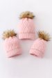 Pink cross cable knit pom pom beanie hat baby toddler adult Hot on Sale