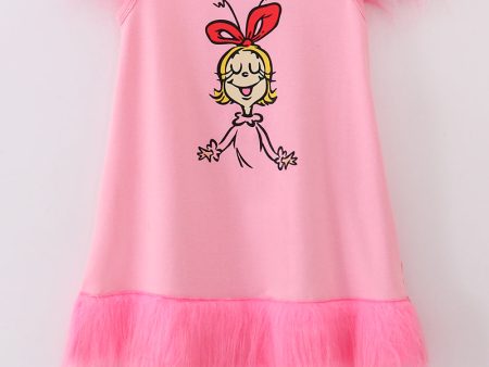 Pink character print girl dress on Sale