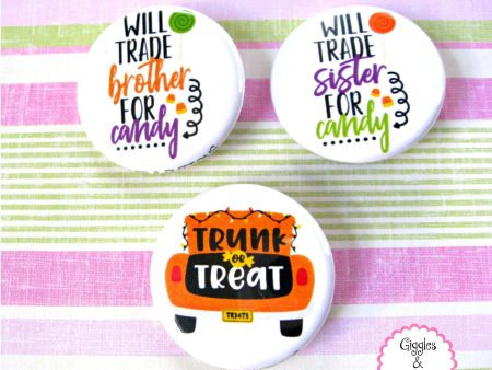 Will Trade Brother or Sister for Candy, Trunk or Treating - Halloween Buttons For Sale