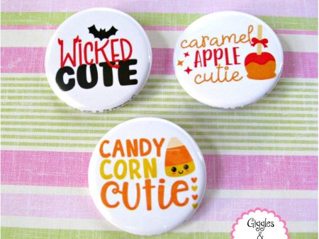 Wicked Cute, Caramel Apple Cutie, Candy Corn Cutie - Halloween Buttons Cheap