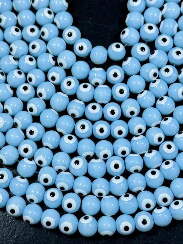 Beautiful Light Blue Evil Eye Glass Beads 6mm 8mm Round Beads, Beautiful Light Blue Evil Eye Amulet Glass Beads, Full Strand Glass Beads Online now