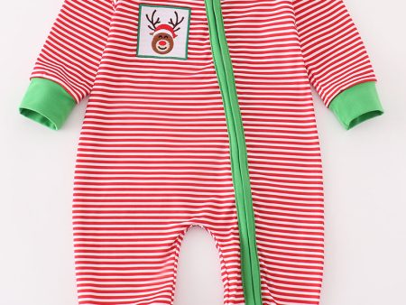 Red stripe christmas reindeer embroidery boy romper Fashion