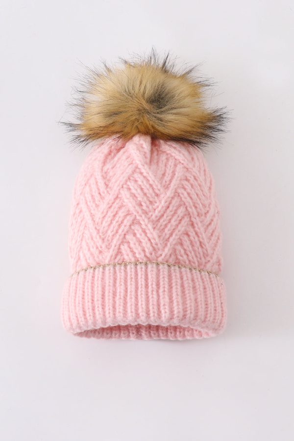 Pink cross cable knit pom pom beanie hat baby toddler adult Hot on Sale