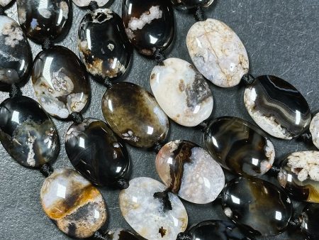 Natural Black Blossom Flower Agate Gemstone Bead, Oval Shape, Gorgeous Natural Black Beige Color Flower Agate Beads, Excellent Quality 15.5  Online Hot Sale