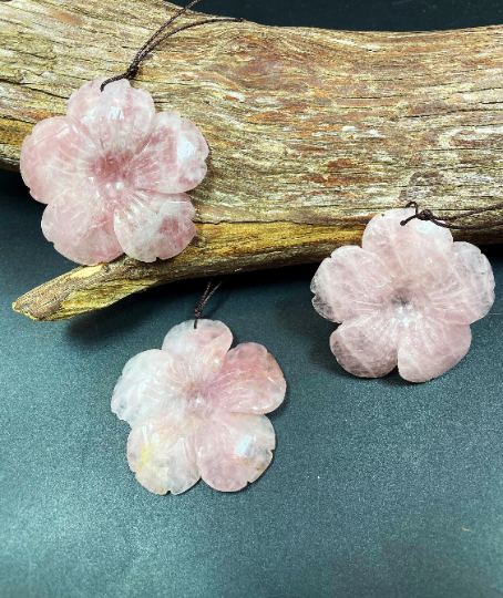 Hand Carved Rose Quartz Flower Pendant, Handmade Gemstone Pendant, 50mm Natural Pink Rose Quartz Gemstone Pendant For Discount