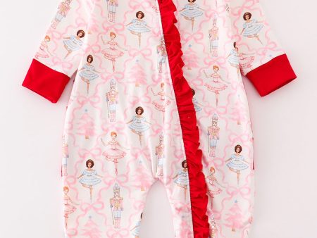 Red nutcracker print ruffle zip girl romper For Cheap