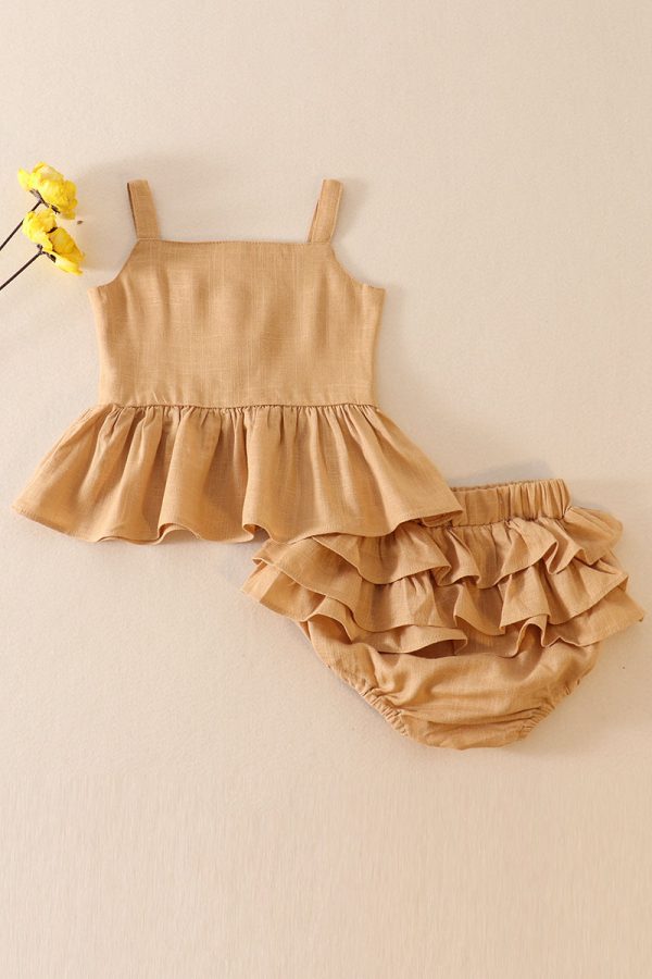 Beige linen ruffle 2pc baby set For Discount