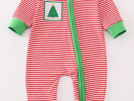 Red stripe christmas tree embroidery boy romper Sale