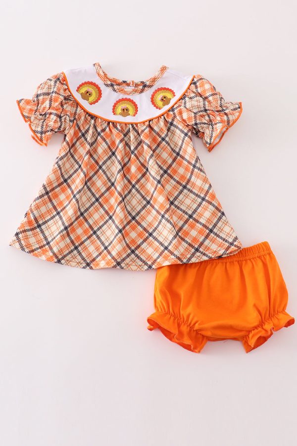 Orange turkey embroidery baby girl set Online now