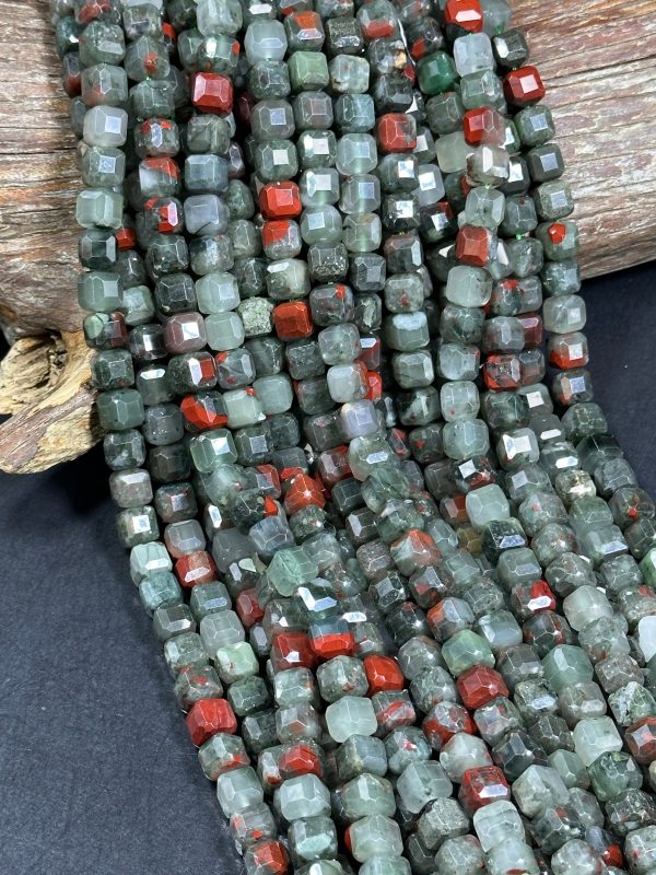 AA NATURAL African Bloodstone Gemstone Bead Faceted 8mm Cube Shape, Beautiful Gray Red Color Bloodstone Beads. Full Strand 15.5  Sale