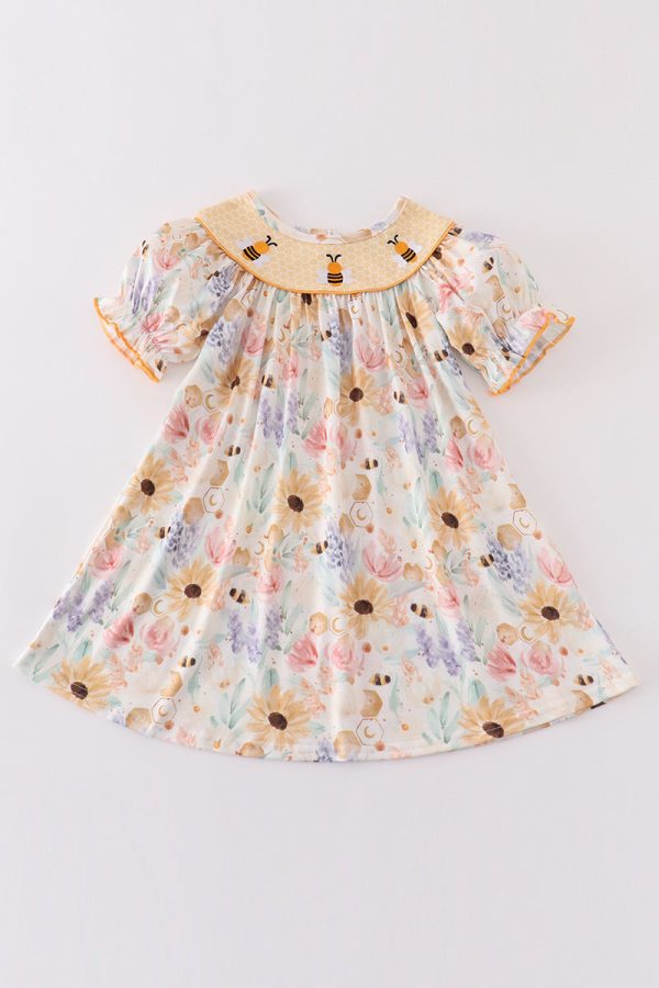 Yellow bee embroidery girl dress Online