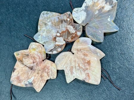 Natural Hand Carved Cherry Blossom Flower Agate Gemstone Pendant 55mm Maple Leaf Shape Pendant, Beautiful Pink Beige Color Loose Pendant For Cheap