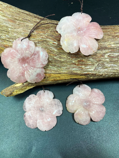 Hand Carved Rose Quartz Flower Pendant, Handmade Gemstone Pendant, 50mm Natural Pink Rose Quartz Gemstone Pendant For Discount