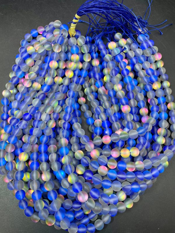 Beautiful Mermaid Glass Beads 6mm 8mm 10mm 12mm Round Beads, Gorgeous Matte Blue Rainbow Color Mermaid Glass Beads Full Strand 15.5  For Sale