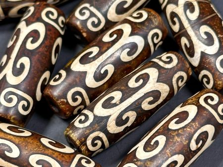 NATURAL Hand Painted Tibetan Agate Stone Bead 39x14mm Barrel Tube Shape Bead, Beautiful Brown White Color Hand Painted Tibetan Loose Beads For Discount