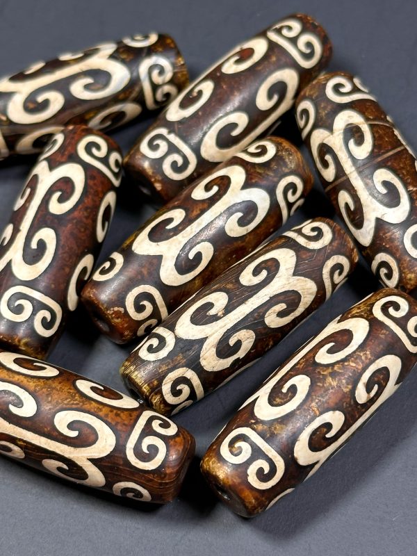 NATURAL Hand Painted Tibetan Agate Stone Bead 39x14mm Barrel Tube Shape Bead, Beautiful Brown White Color Hand Painted Tibetan Loose Beads For Discount