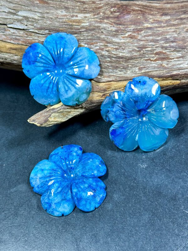 NATURAL Hand Carved Blue Cherry Blossom Flower Agate Gemstone Pendant 54mm Flower Shape, Gorgeous Blue Color Cherry Blossom Loose Pendant Online now