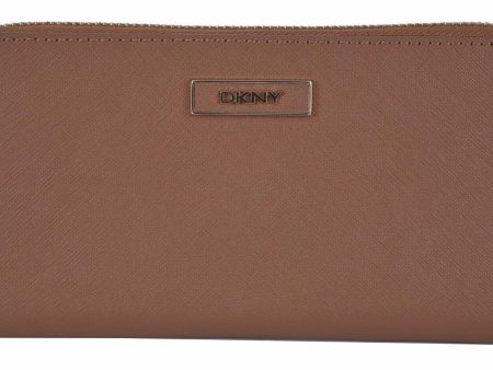 New DKNY Donna Karan Walnut Brown Saffiano Leather Zip Around Wallet Clutch Sale