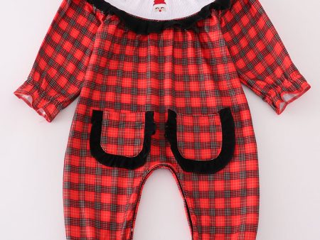 Red christmas santa embroidery smocked plaid girl bishop romper on Sale