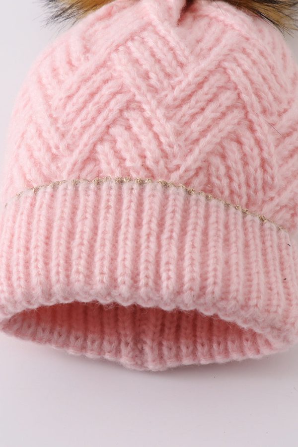 Pink cross cable knit pom pom beanie hat baby toddler adult Hot on Sale