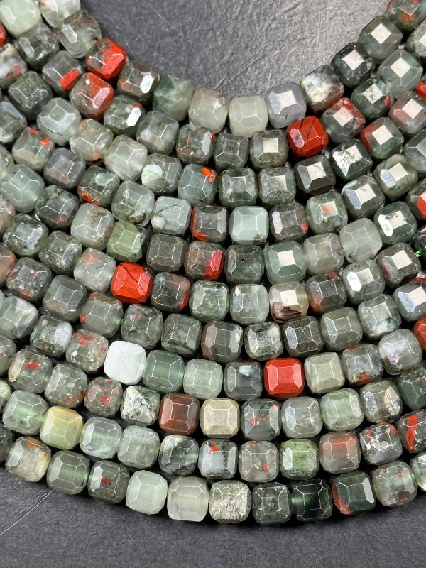 AA NATURAL African Bloodstone Gemstone Bead Faceted 8mm Cube Shape, Beautiful Gray Red Color Bloodstone Beads. Full Strand 15.5  Sale