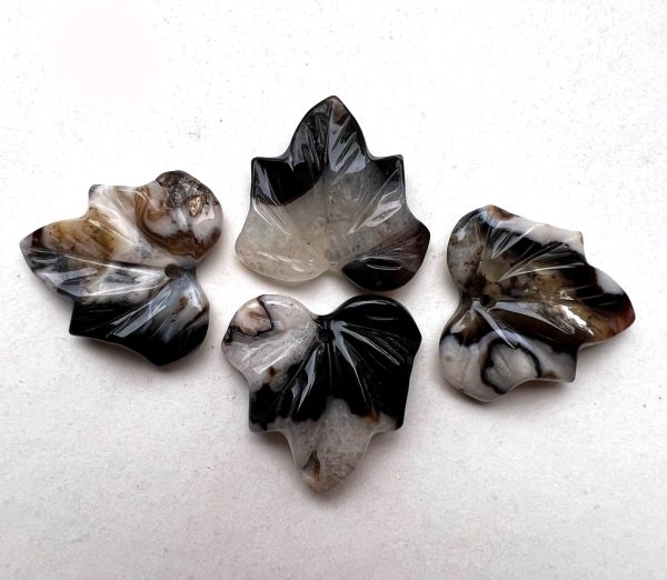 Natural Blossom Agate Hand Carved Maple Leaf Pendant 24mm Gorgeous Natural Black Brown White Color Handmade Earring Loose Bead Loose Agate Discount