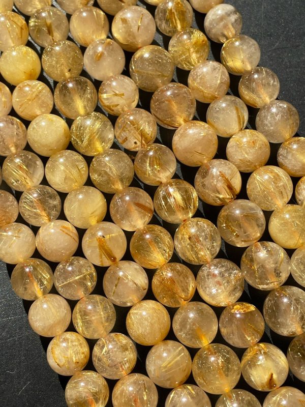 AA+ Natural Gold Rutilated Quartz Gemstone Bead 5mm 6mm 8mm 9mm 10mm 12mm Round Beads, Natural Golden Yellow Color Rutilated Quartz Gemstone Bead Discount